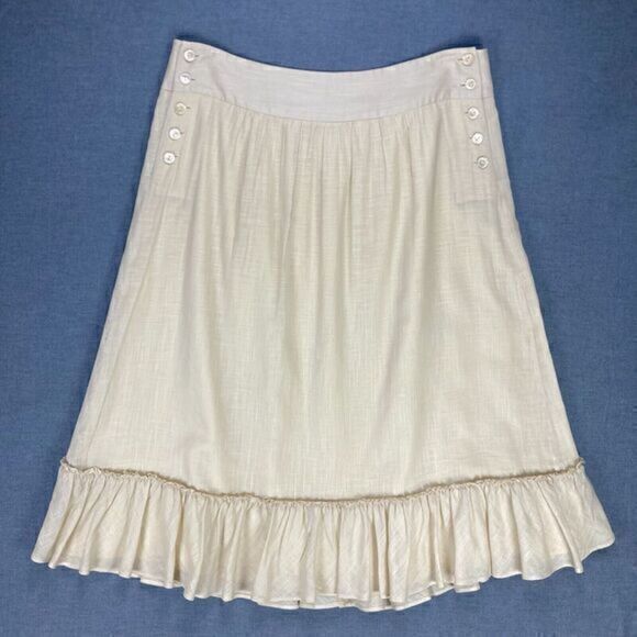 J. Crew Skirt Womens Size 4 Beige Flare Ruffle Hem  Mid Rise Side Button Up Midi - Picture 1 of 10